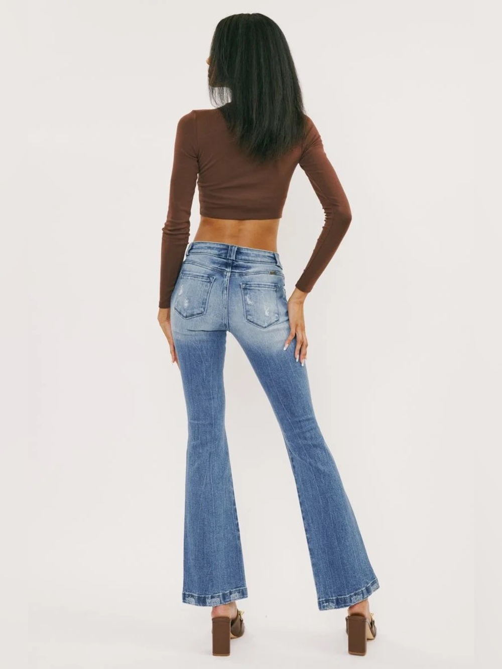Kancan Low Rise Distressed Medium Wash Flare Denim Jeans Women’s Size 9 28 - Picture 2 of 9